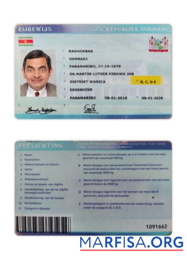 Realistic Suriname driving license example